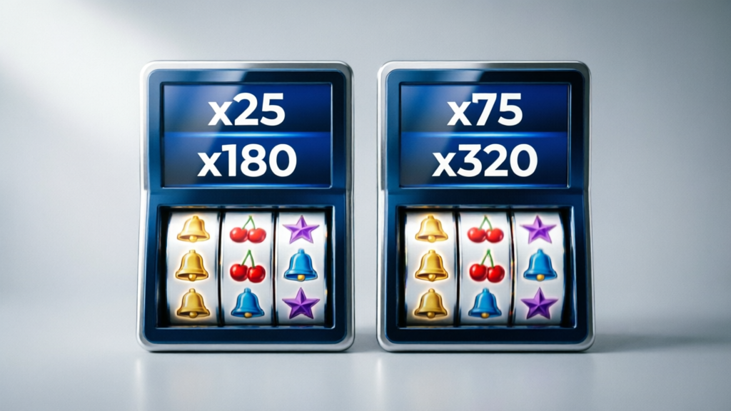 side-by-side slot machine screens showing win multipliers and reel grids