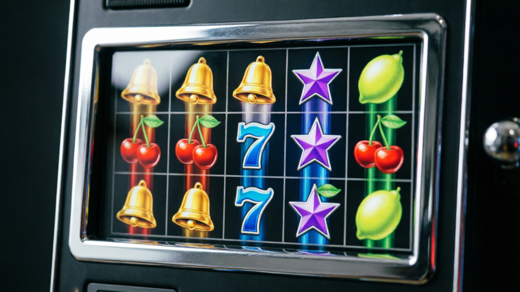 five-reel slot grid with cascading symbols falling into place