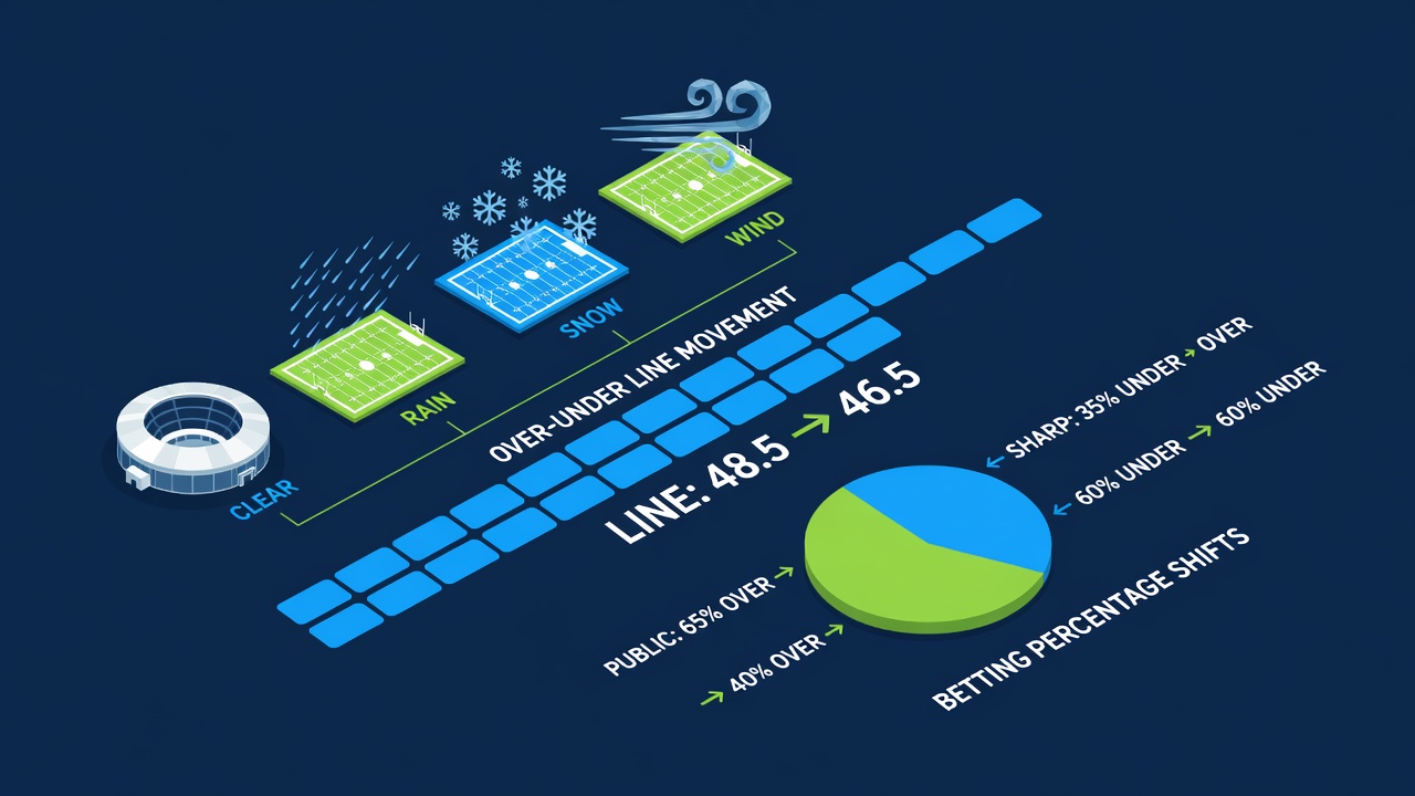 nfl game weather conditions contrasted with over-under line movement and betting percentage shifts