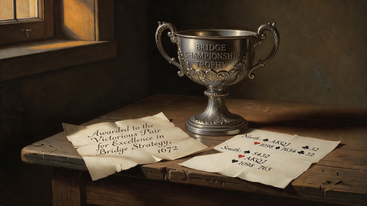 bridge championship trophy with championship certificate and card notation diagrams displayed