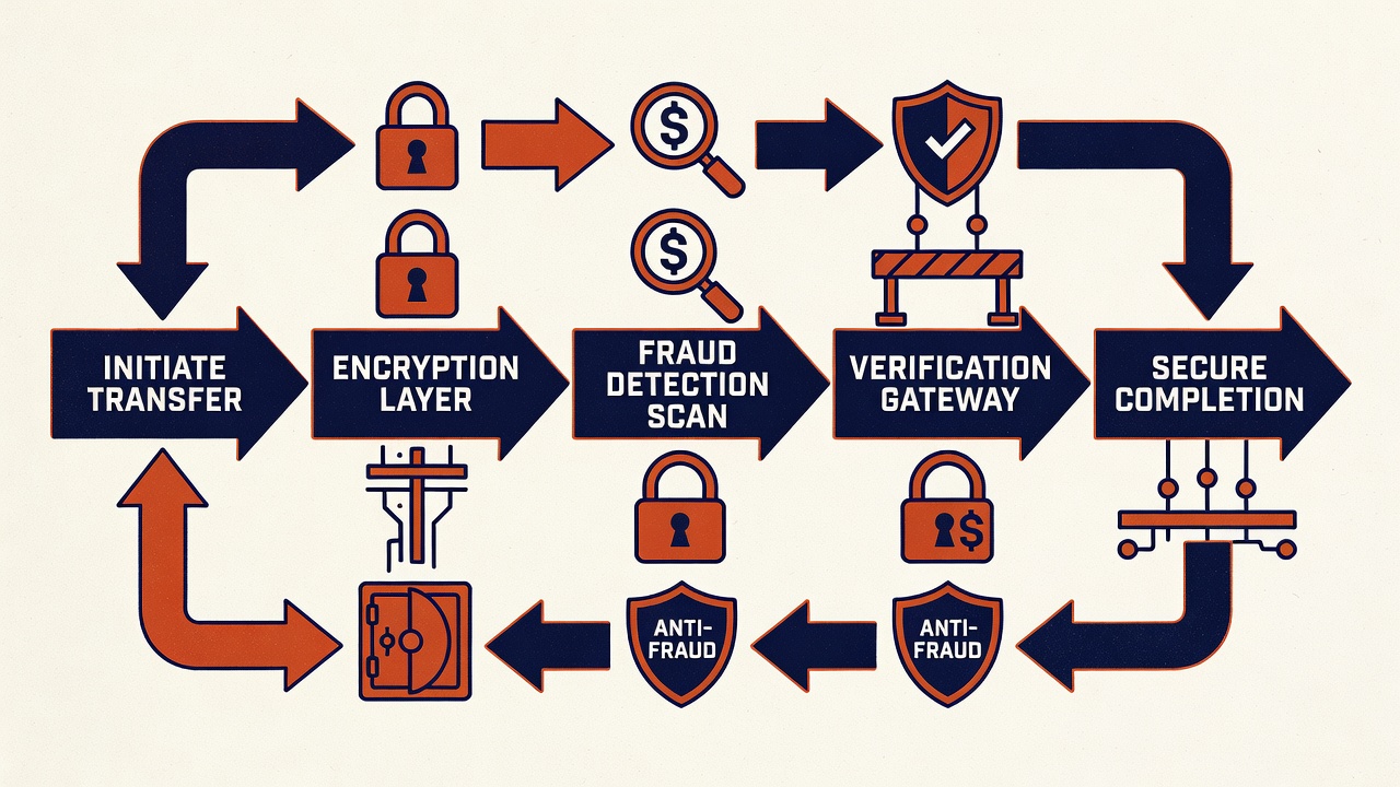 bank transfer flow diagram showing multiple security checkpoints and fraud prevention steps