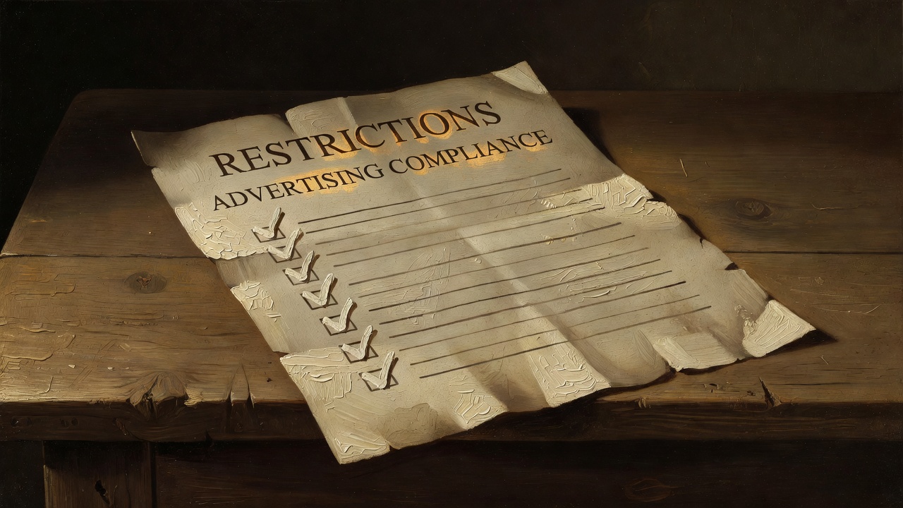 regulatory document featuring prominent text restrictions and advertising compliance checkmarks