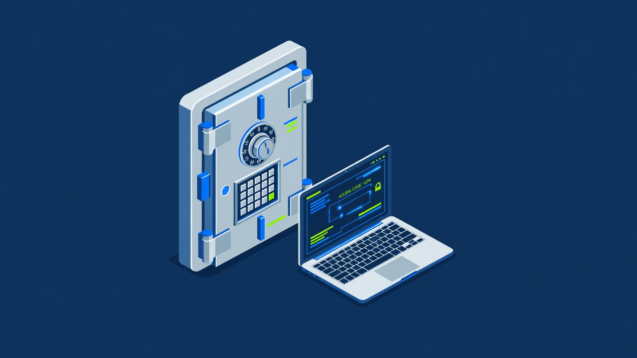 a metal vault door with combination lock and keypad alongside a laptop screen