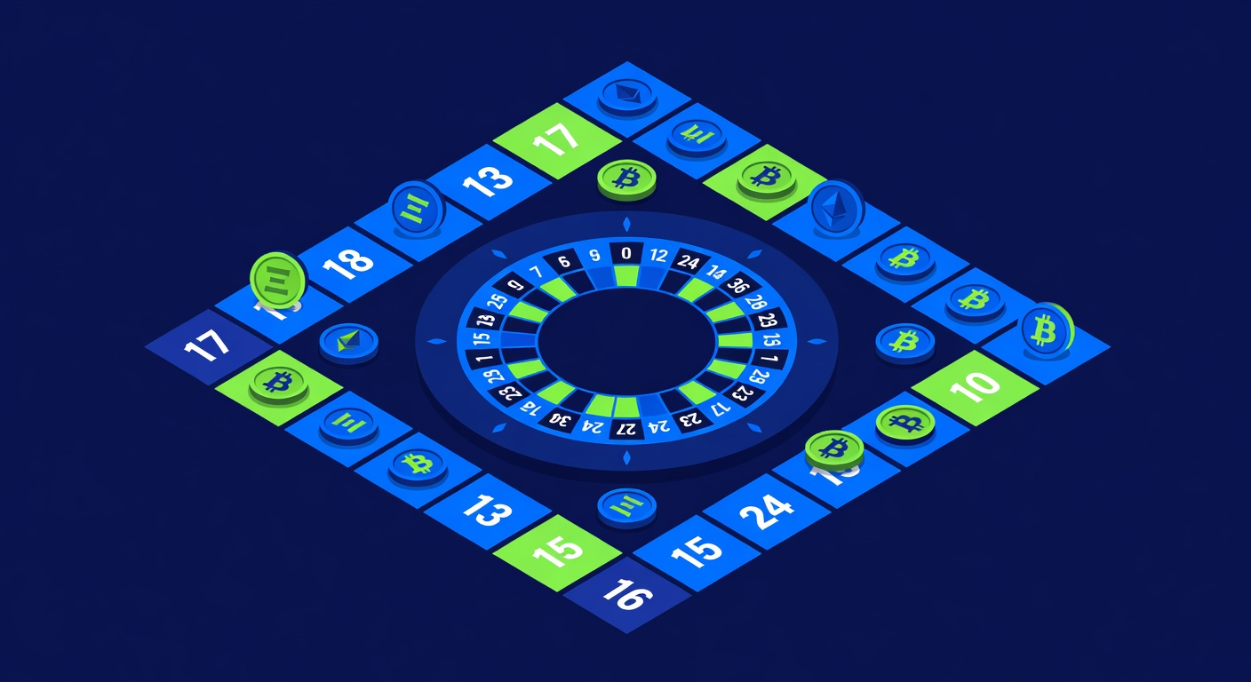 a roulette wheel with cryptocurrency coin tokens placed on numbered betting squares