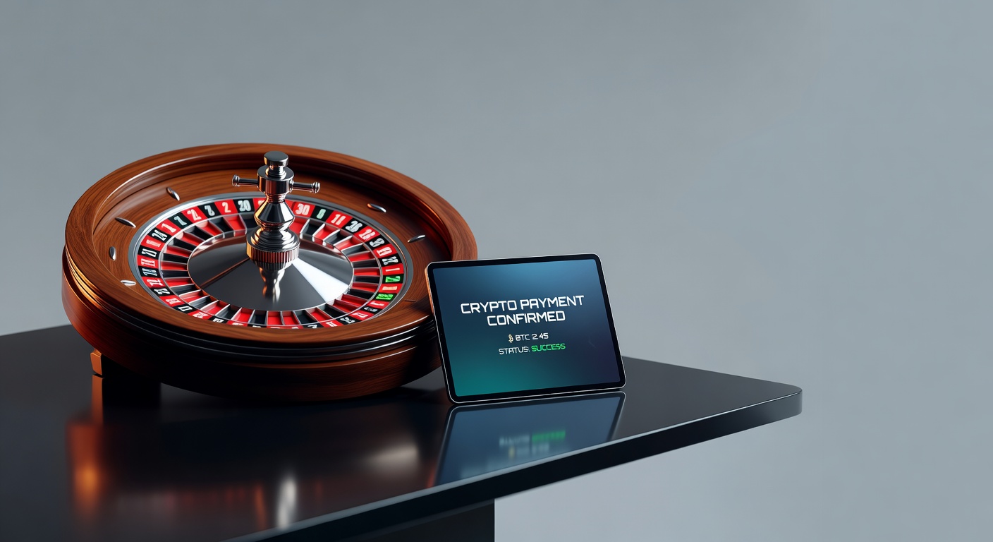 a roulette wheel spinning beside a glowing cryptocurrency payment confirmation screen