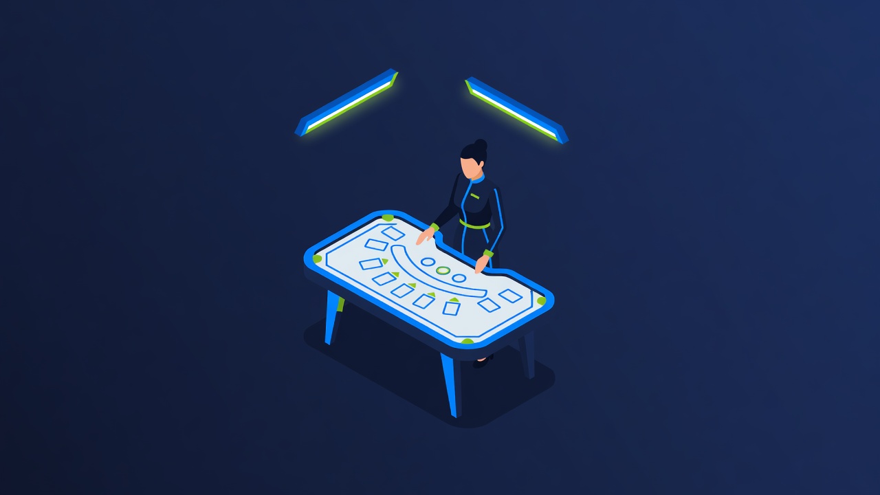a live casino studio set with a professional dealer at an elegantly lit table