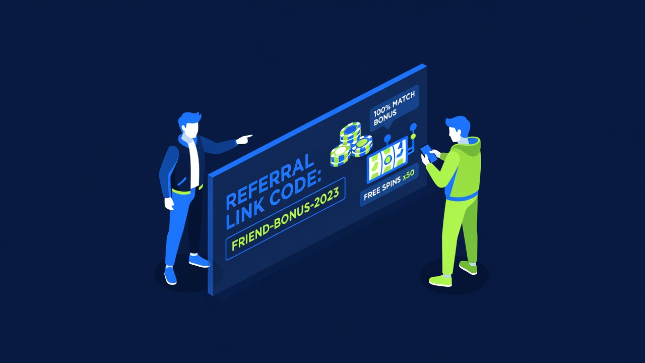 two friends sharing a referral link code with casino bonus rewards appearing on screen