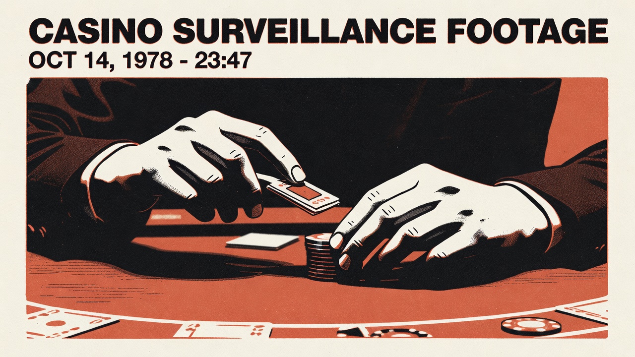 casino surveillance footage of hands at a table with focus on subtle exchanged objects