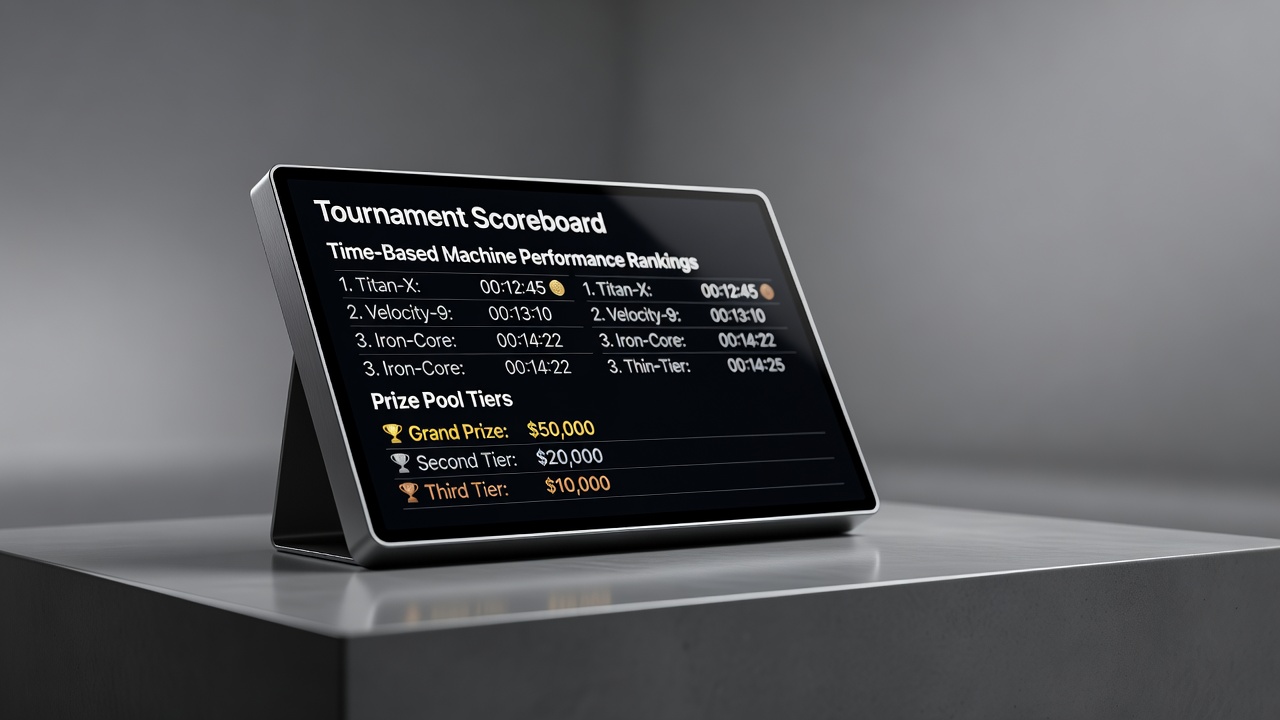 tournament scoreboard display with time-based machine performance rankings and prize pool tiers