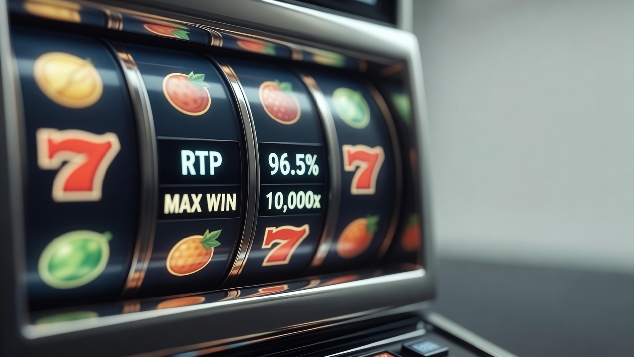 close-up of slot reels displaying RTP percentages and max win figures