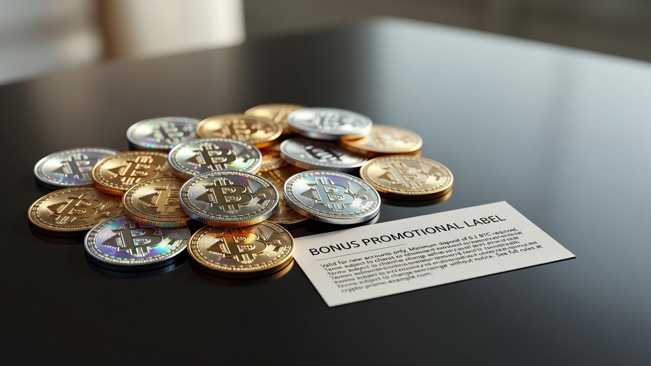 bonus promotional label with fine print terms alongside fanned pile of winning cryptocurrency tokens