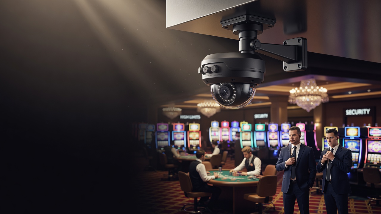 a surveillance camera overlooking a casino floor with security personnel nearby