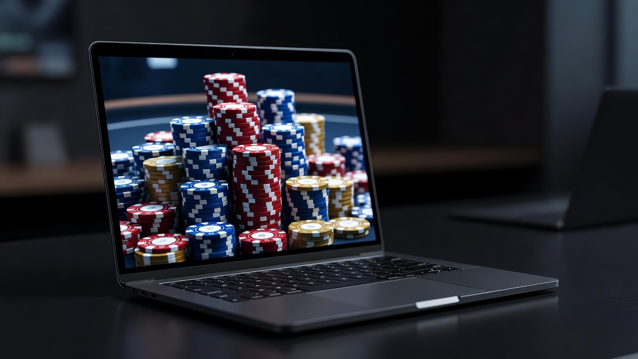 a darkened laptop screen showing an enormous online poker pot chip stack in progress