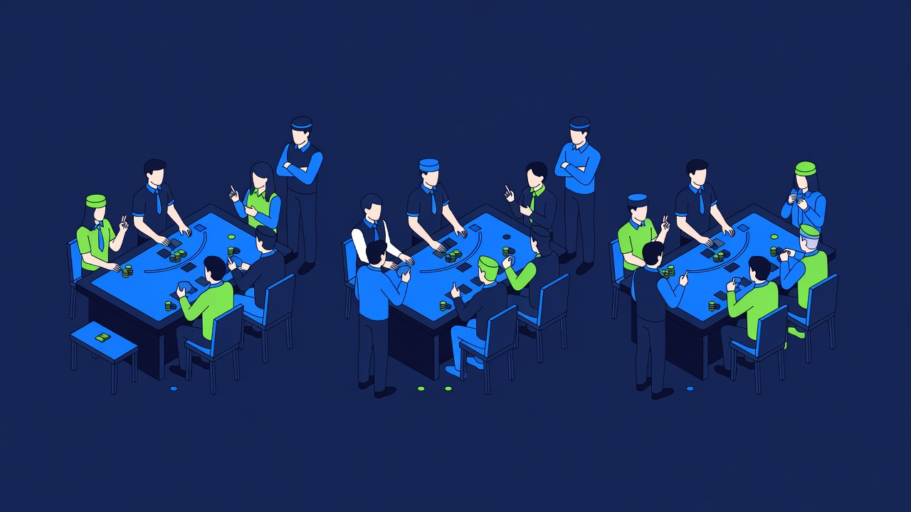 a coordinated blackjack team at multiple casino tables exchanging subtle hand signals