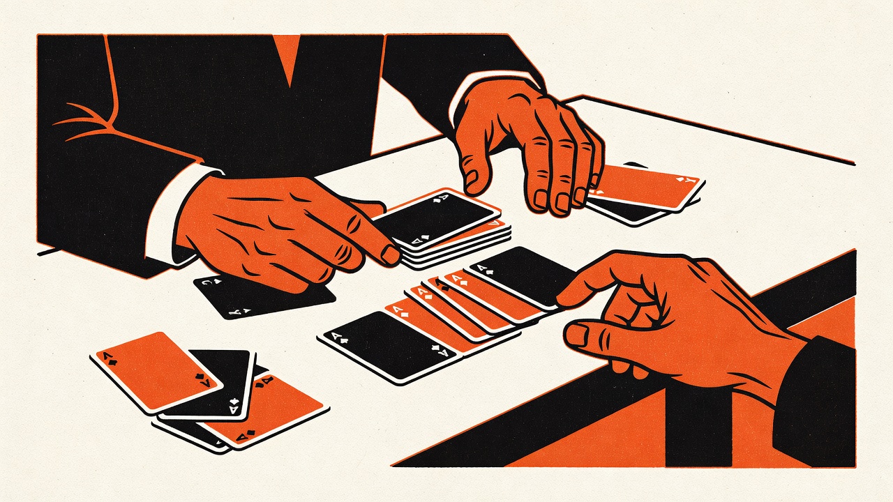 playing cards being exchanged between dealer and player at table edge with oversight angle