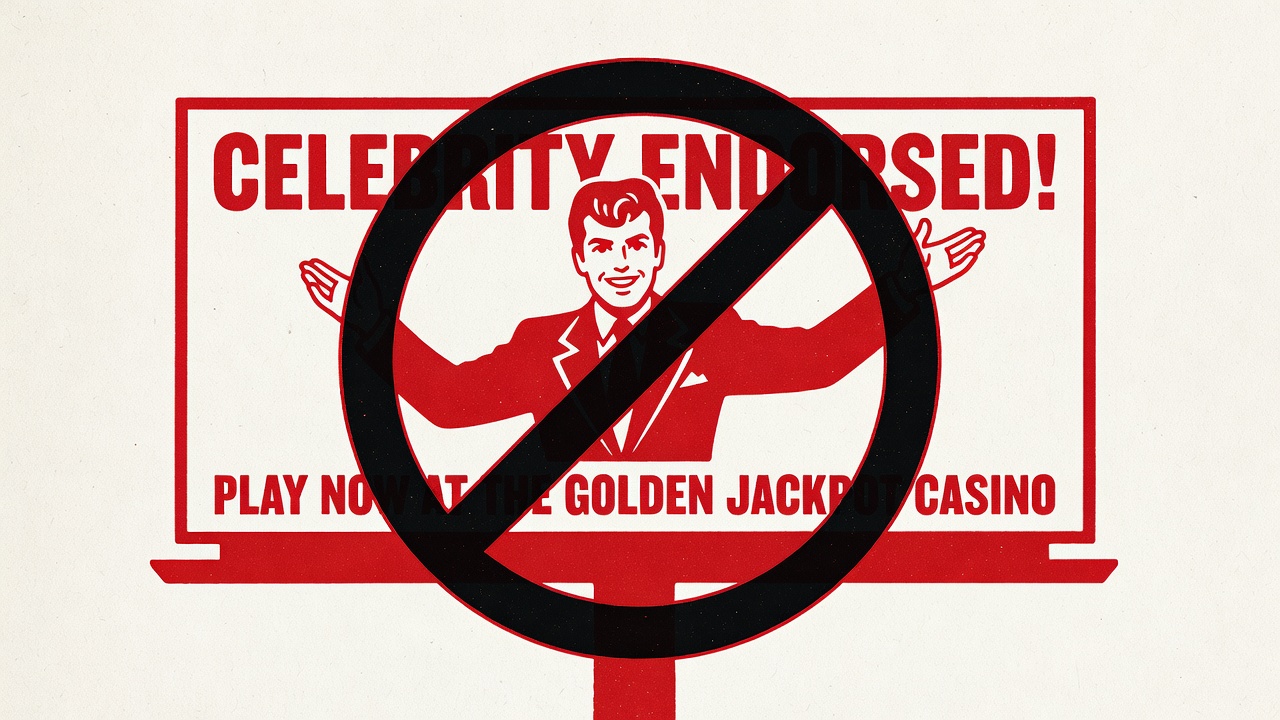 a celebrity endorsement billboard for a casino with a regulatory rejection symbol overlaid