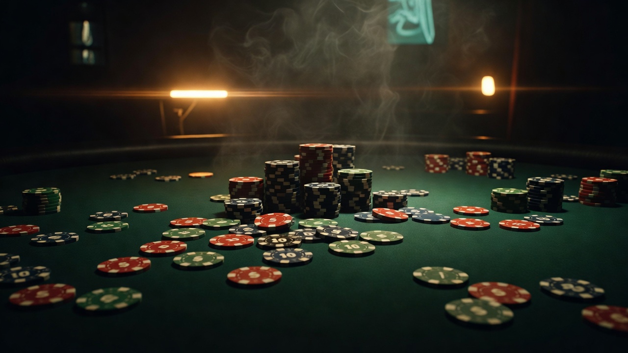 scattered casino chips displaying both stacked piles and dispersed losses across a felt surface