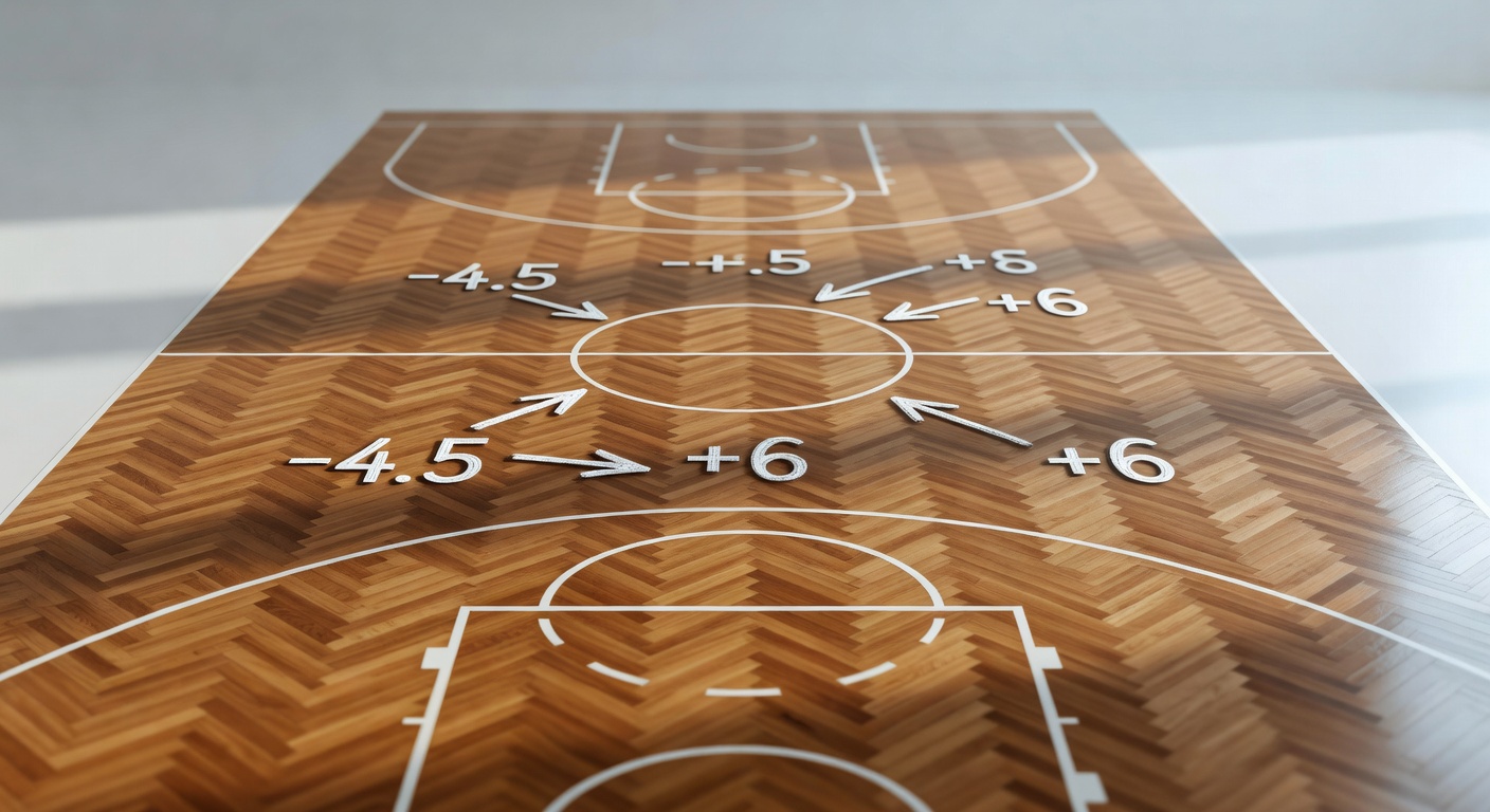 Basketball court overhead view with point spread indicators drawn