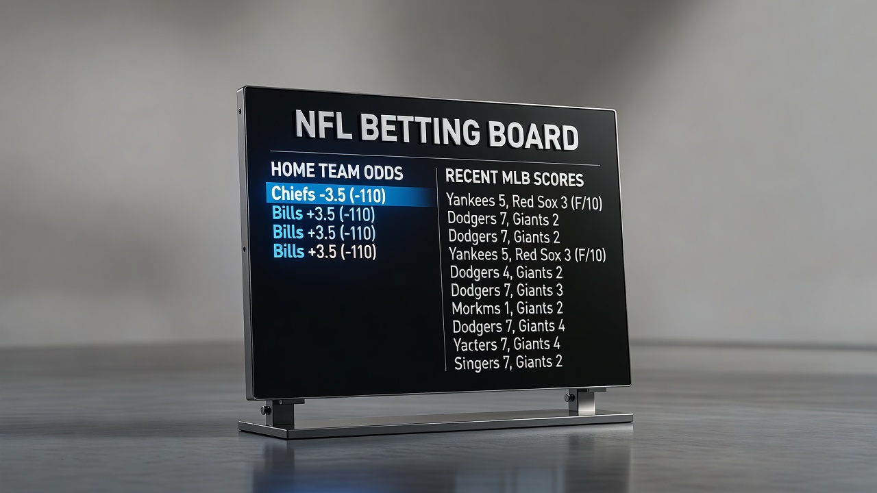 NFL betting board with highlighted home team odds and recent MLB scores