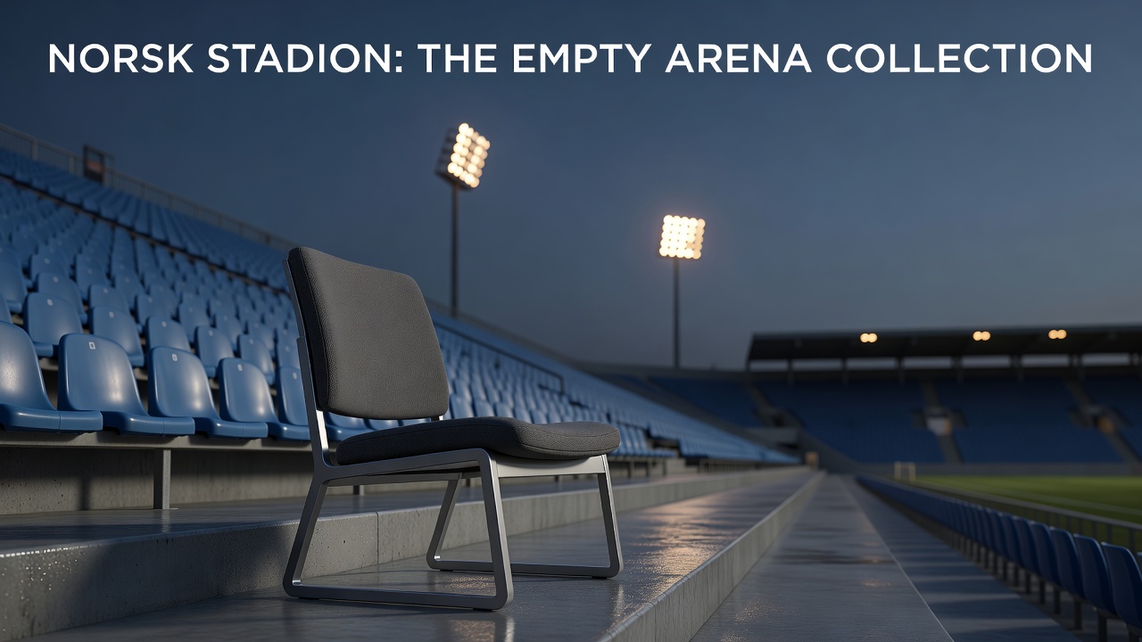 empty Norwegian stadium at dusk with floodlights on