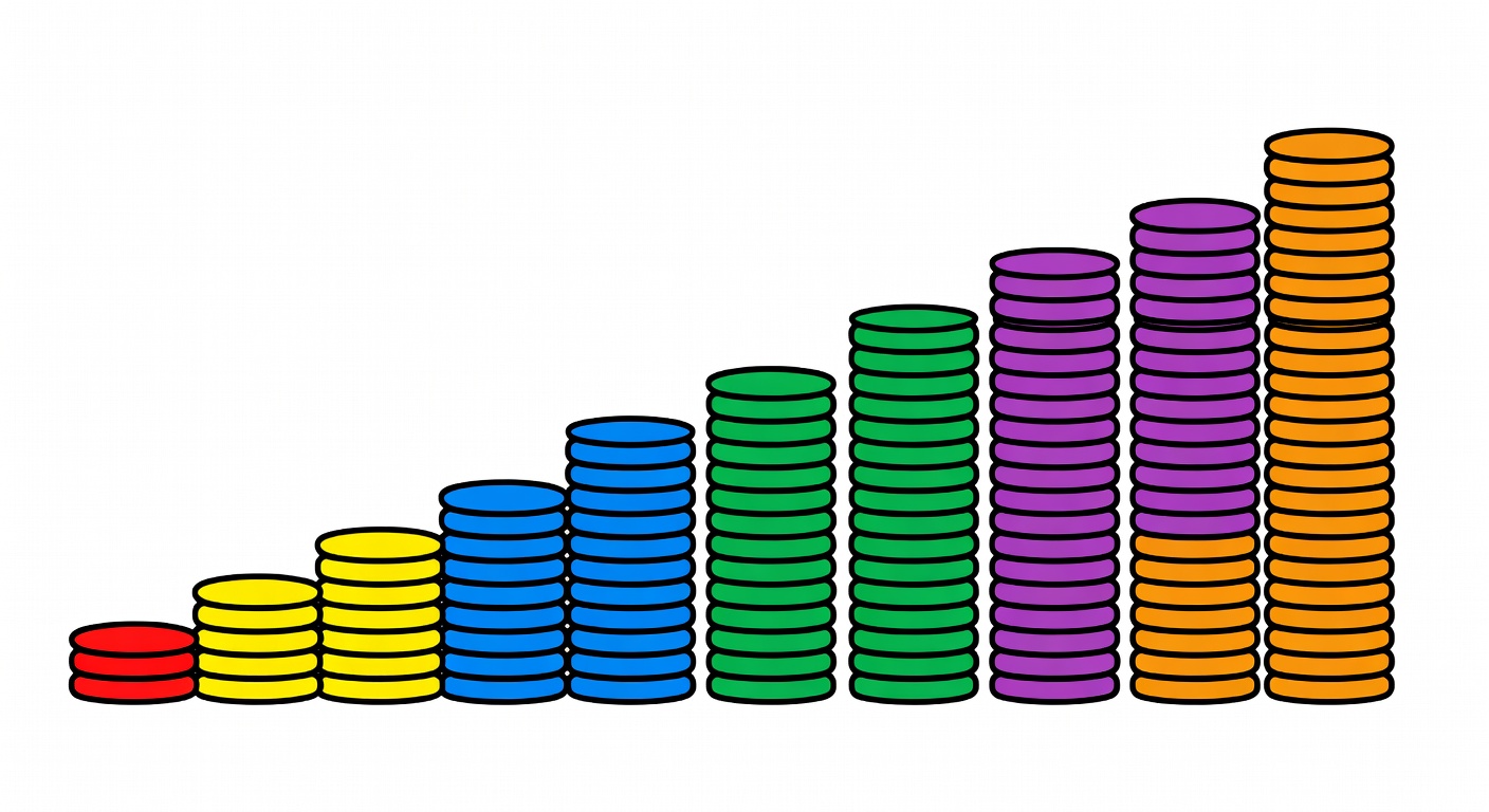 Poker chip stacks arranged by betting level and value