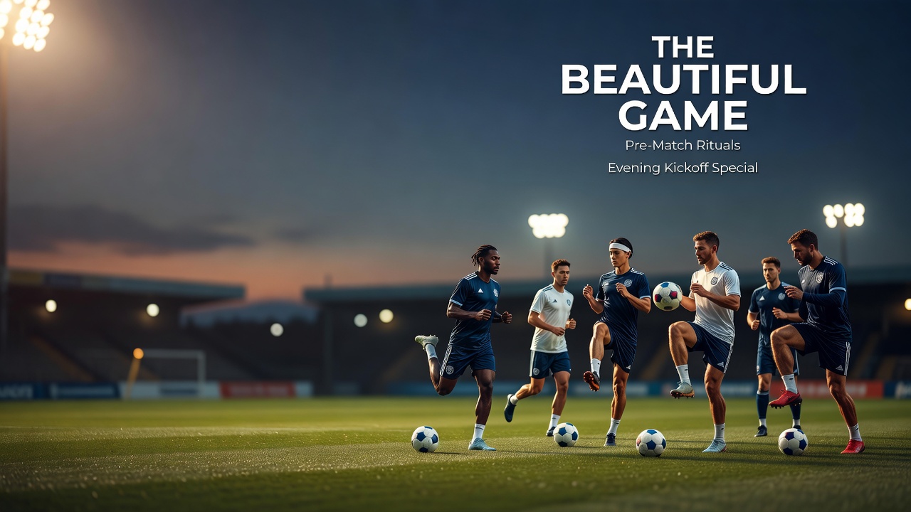 soccer players warming up on a floodlit pitch before evening kickoff