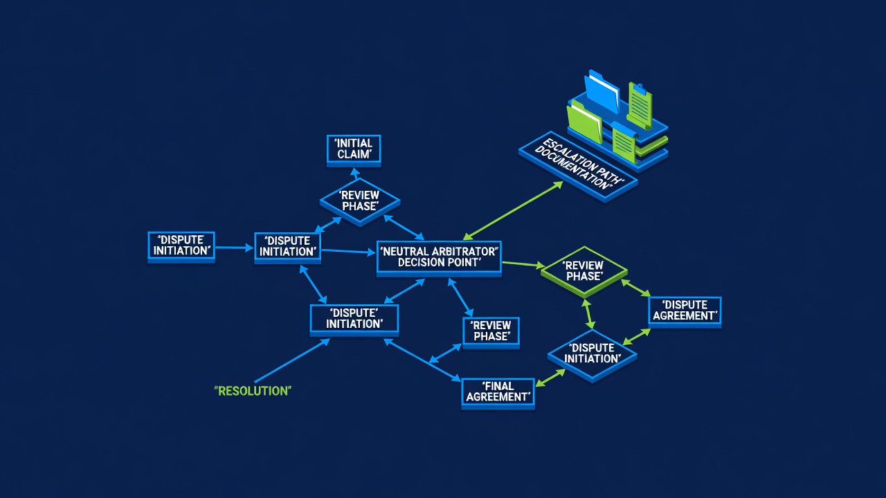 dispute resolution flowchart with neutral arbitrator decision point and escalation path documentation