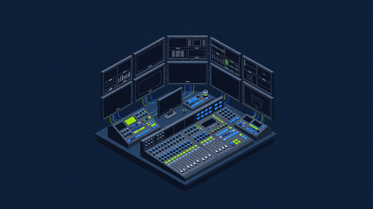 broadcast control room with multiple monitors and audio mixing console array