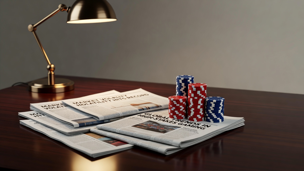 newspapers spread across a desk beside stacked casino chips under desk lamp