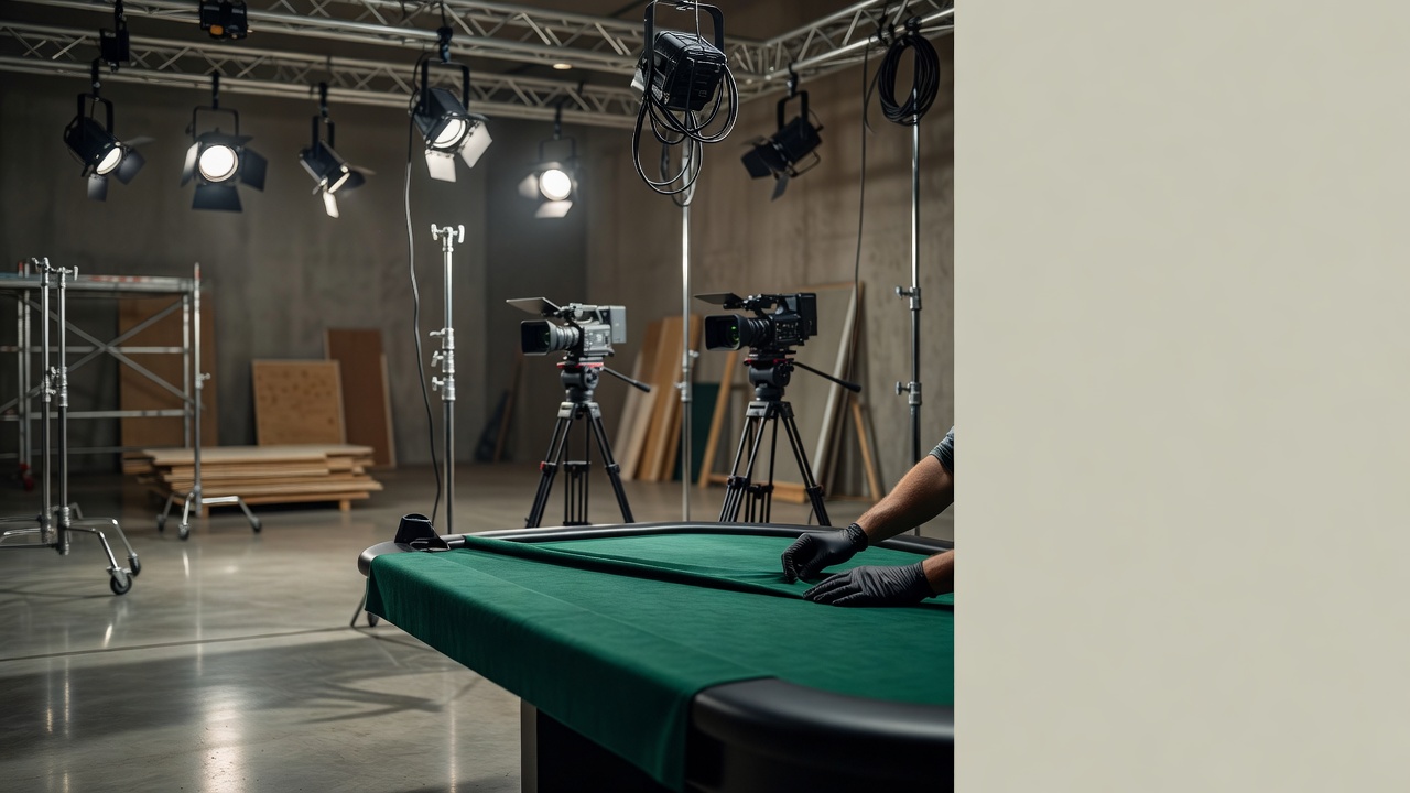 a live casino studio under construction showing lighting rigs, camera mounts, and felt table installation