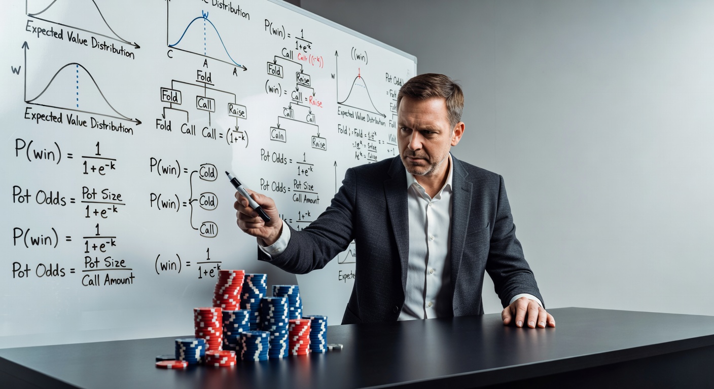 a poker player at a decision science whiteboard with probability charts and a chip stack on the desk