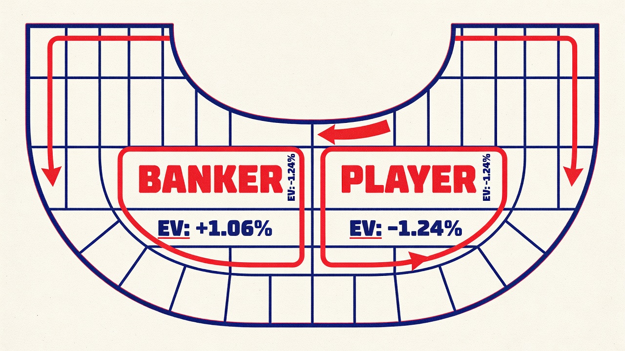 a baccarat felt layout with banker and player bet zones highlighted with expected value figures beside