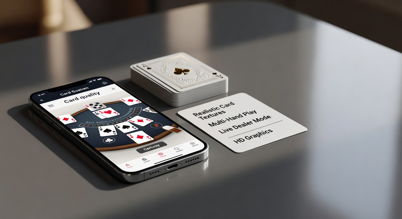 a blackjack mobile app interface on a smartphone with card quality and feature checklist labeled nearby