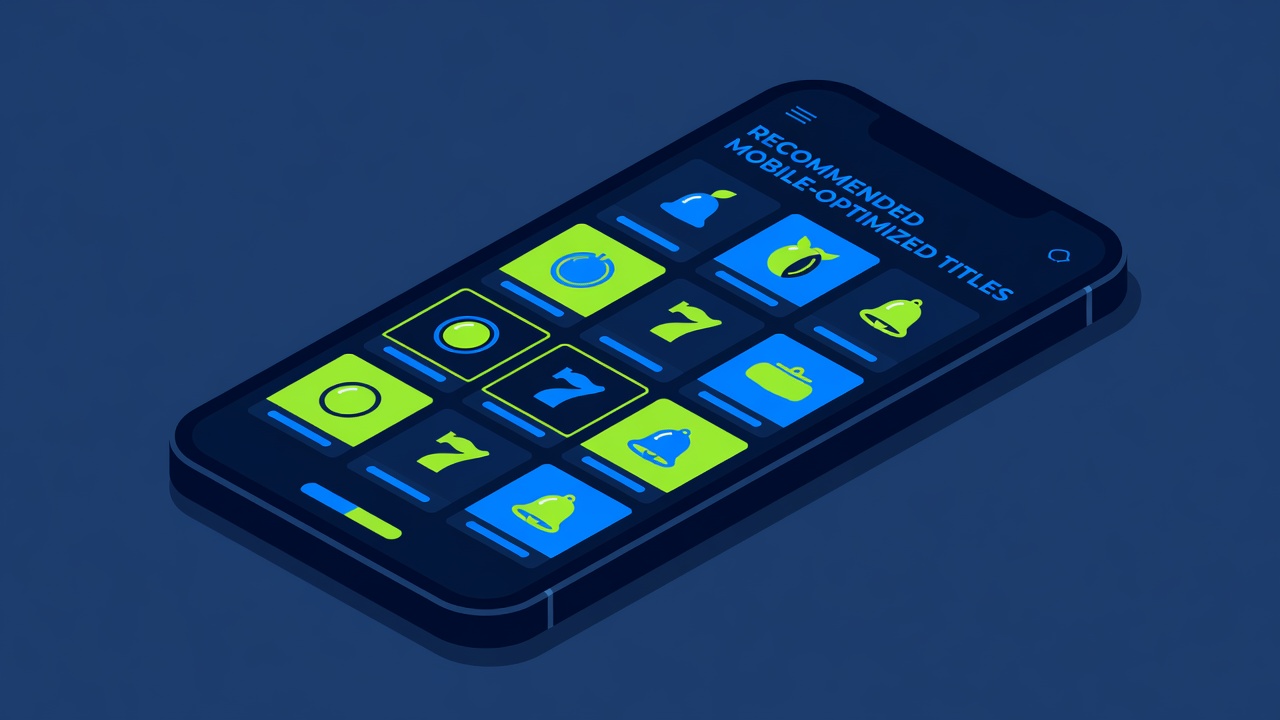 a smartphone showing a slot game lobby with recommended mobile-optimized titles in a grid layout