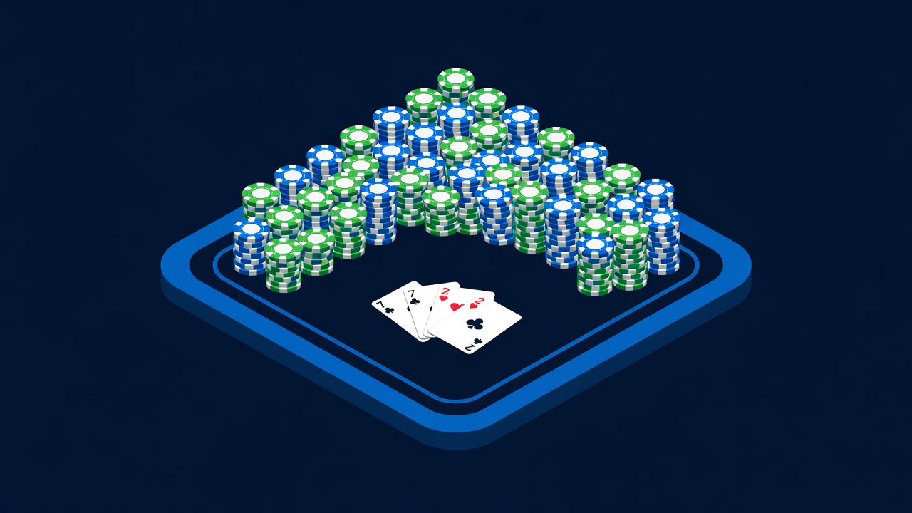 a poker table close-up showing a seven-two offsuit hand in front of a large pot of chips