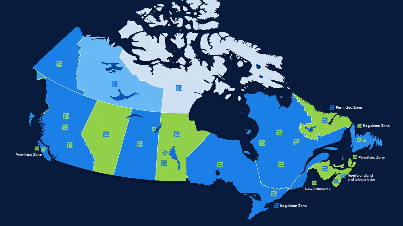 a map of Canadian provinces with different gambling regulation zones and online casino permit icons