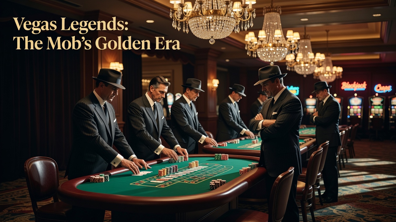 a classic mob-era Las Vegas casino interior with felt tables lit by chandeliers and suited figures