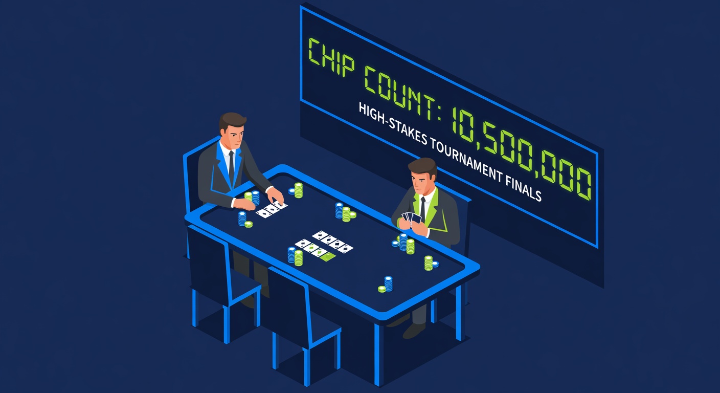 two poker players facing off at a high-stakes tournament table with a massive chip count scoreboard