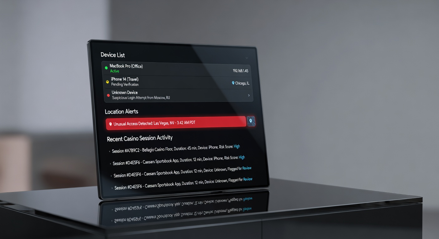 a login security panel showing device list, location alerts, and recent casino session activity