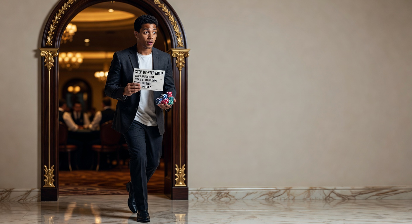 a first-timer entering a casino poker room with a step-by-step guide card and chips in hand