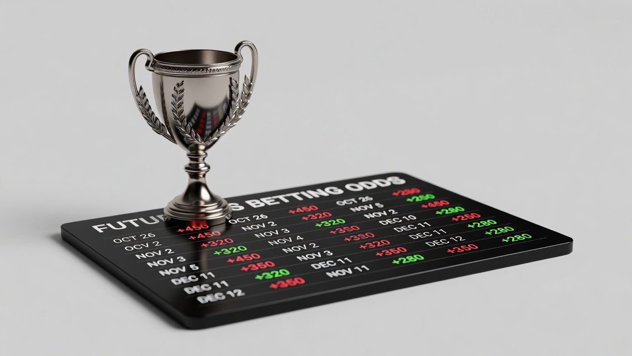 a sports trophy on a futures betting odds board with calendar dates and probability markers