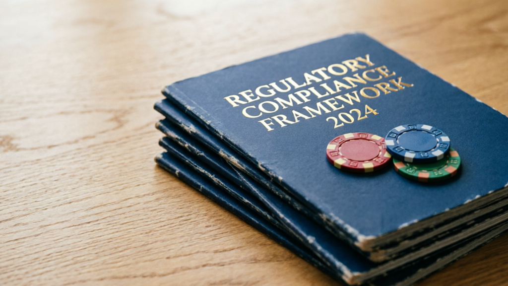 stacked regulatory documents beside casino chips on a wooden table