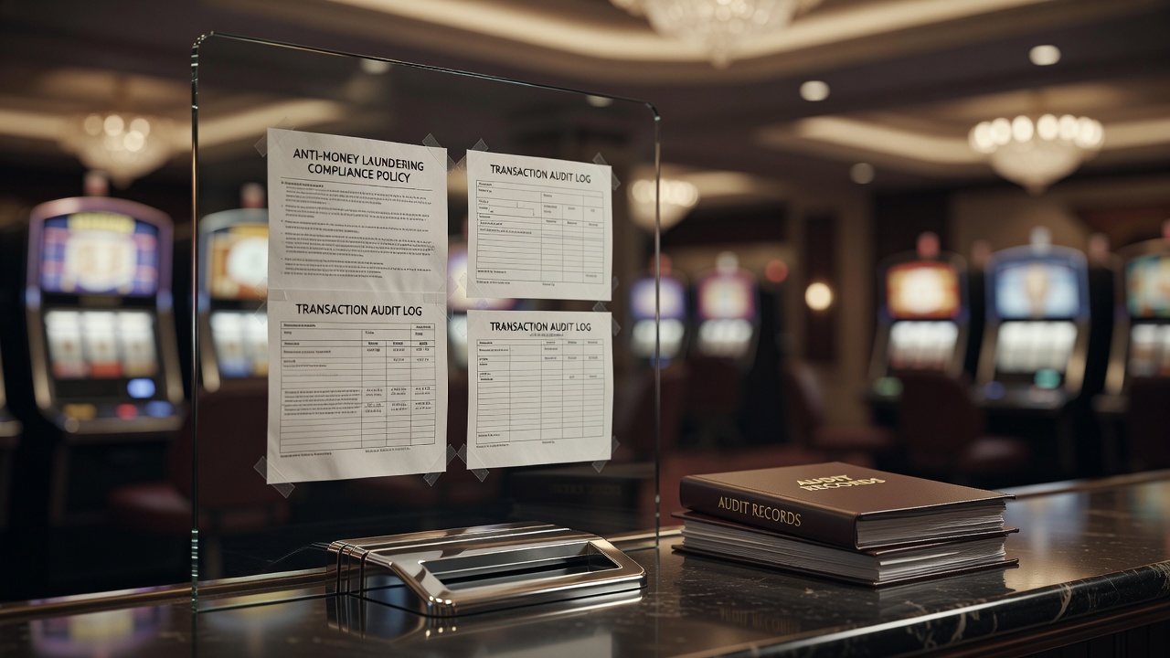 a casino cashier window with anti-money laundering compliance documents and transaction audit forms