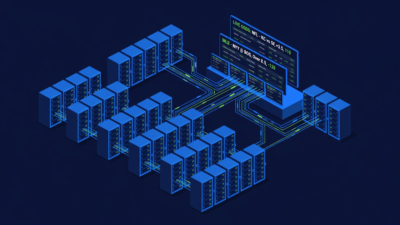 a data server room with live sports data streams feeding into a sportsbook odds platform on screens