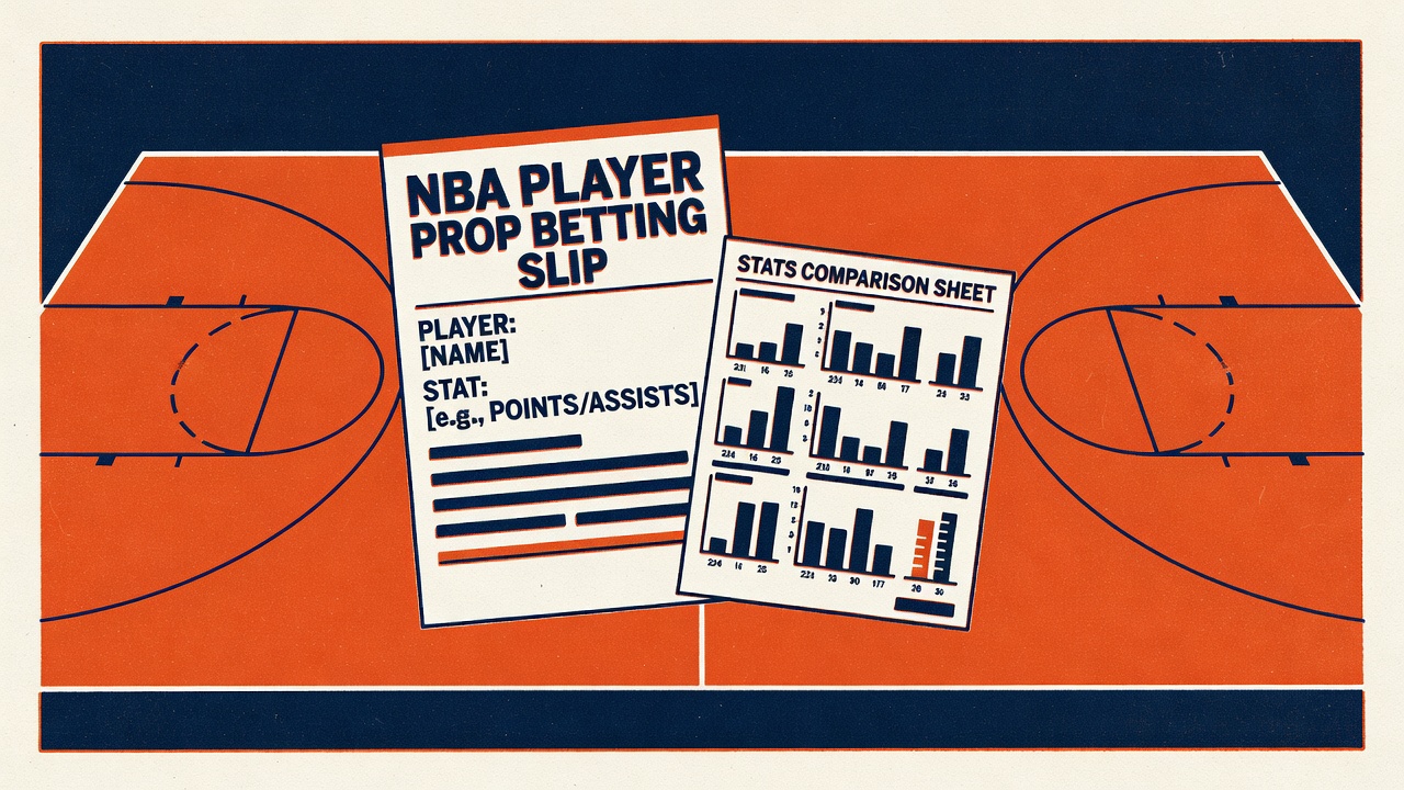 an NBA player prop betting slip with stats comparison sheet and a basketball court in the background