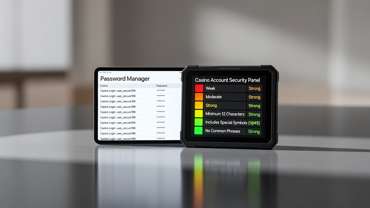 a password manager interface beside a casino account security panel with strong password indicators
