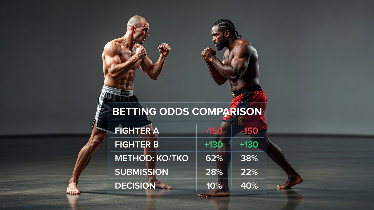 two MMA fighters in opposing stances with betting odds comparison grid overlaid in the foreground