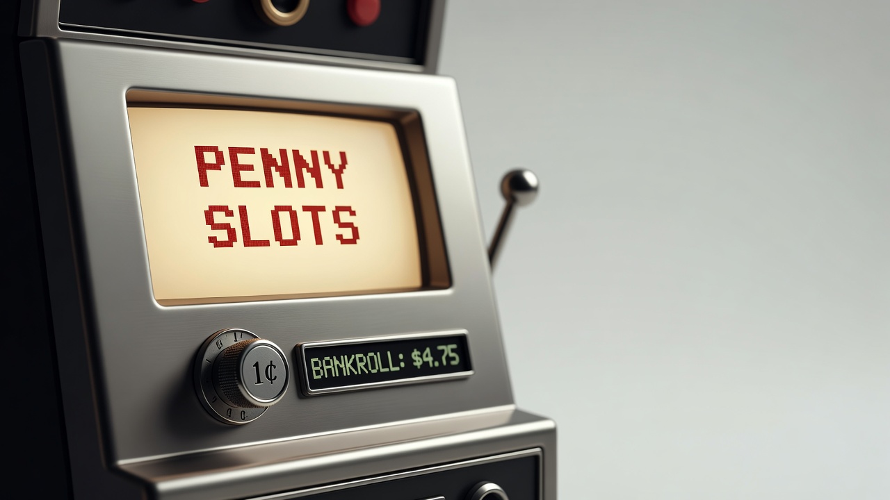 a penny slot machine screen with a small denomination bet dial and a modest bankroll tracker visible