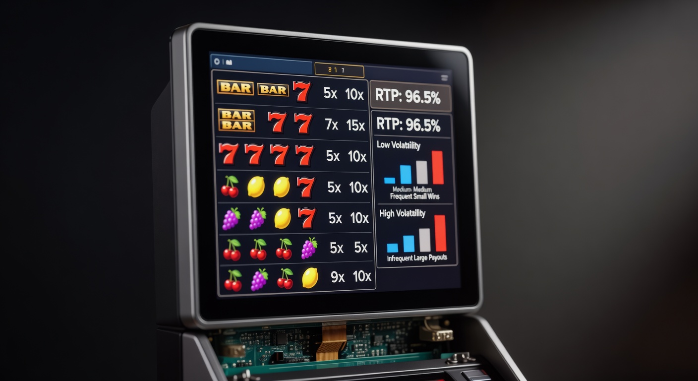 a slot machine info screen open showing RTP paytable symbols and volatility indicators labeled clearly