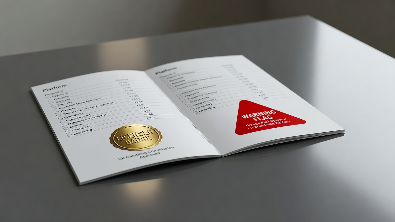 a slot site comparison checklist with a licensed badge on one panel and a warning flag on another